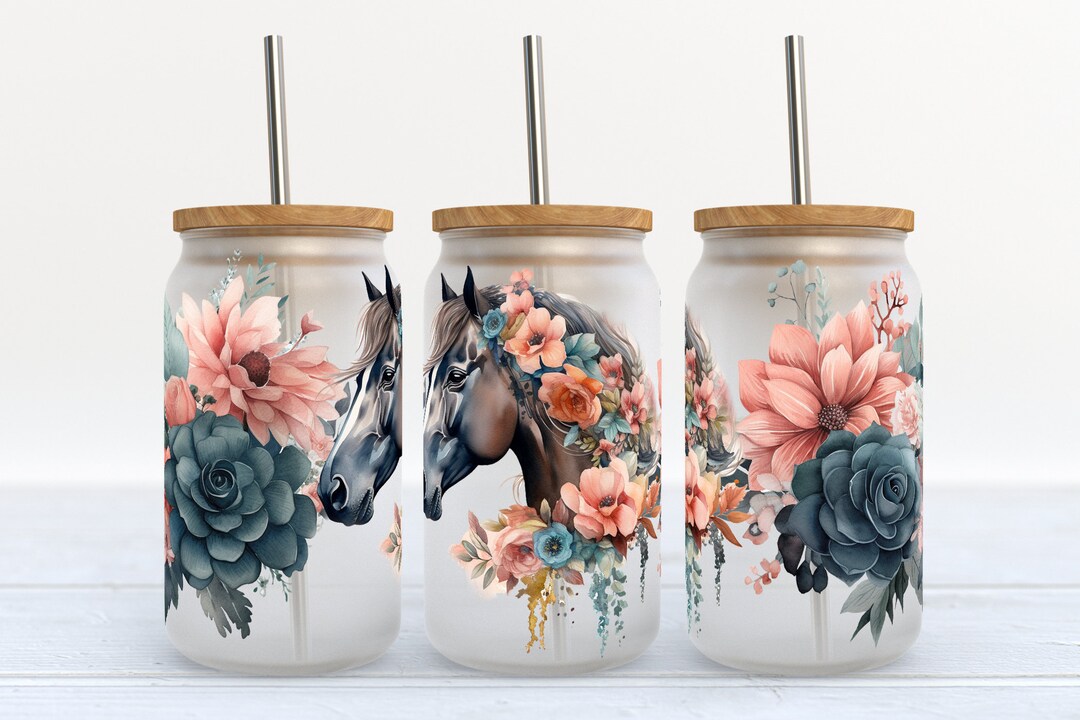 Horse and Flowers 16 Oz Libbey Glass Can Tumbler Sublimation Design ...