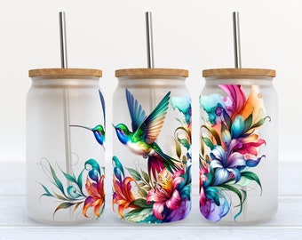 Hummingbird - Alcohol Ink - 16 oz Libbey Glass Can Tumbler Sublimation Design - Design Digital Download PNG