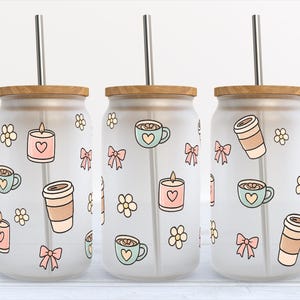 Coffee Bows and Flowers - Coquette - 16 oz Libbey Glass Can Tumbler Sublimation Design - Design Digital Download PNG