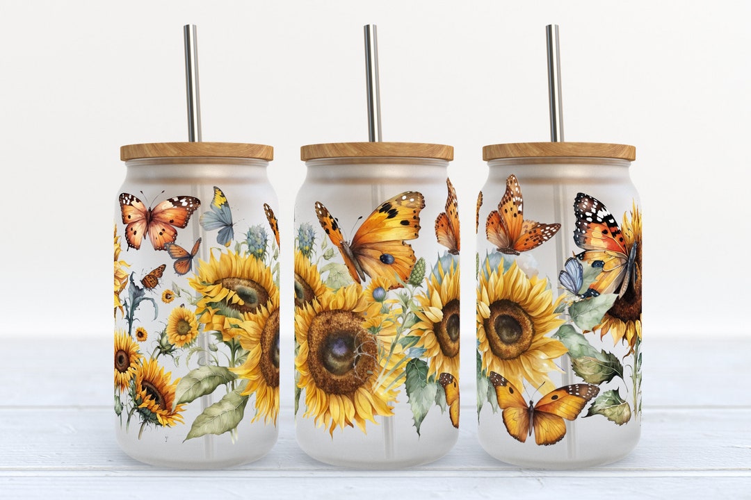 Sunflowers and Butterflies - SEAMLESS - 16 Oz Libbey Glass Can Tumbler ...
