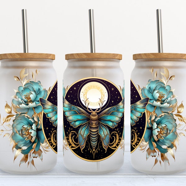 Moth With Flowers - 16 oz Libbey Glass Can Tumbler Sublimation Design - Design Digital Download PNG