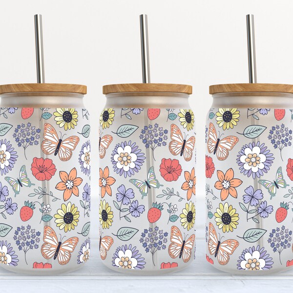 Flowers And Butterflies - 16 oz Libbey Glass Can Tumbler Sublimation Design - Design Digital Download PNG