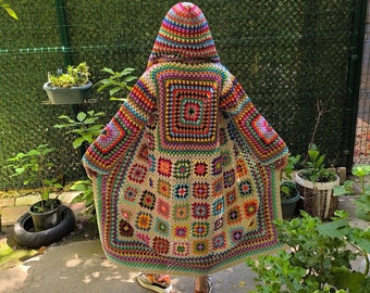 Beige Granny Square Cardigan, Crochet Cardigan, Hippie Jacket, Boho Sweater, Vintage Style Cardigan, Afghan Cardigan, Hooded Sweater
