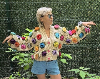 Crochet Rose Cardigan, Granny Square Cardigan, Crop Floral Jacket, Vintage Swater, Festival Clothing, Harry Styles Cardigan, Knitted Vest