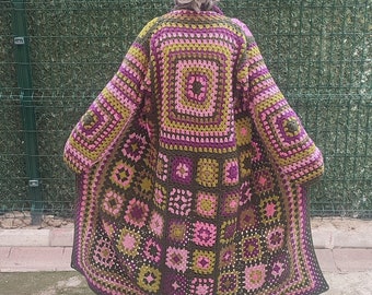 Special Order, Green Cardigan, Hippie Jacket, Oversize Crochet Cardigan, Crochet Afghan Cardigan, Granny Square, Cotton Patchwork Cardigan