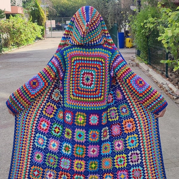 Granny Square Afghan Cardigan, Knitted Crochet Coat, Cotton Patchwork Cardigan, Hooded Jacket, Boho Cardigan, Long Oversized Sweater