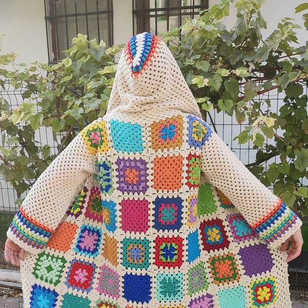 Crochet Cardigan, Knitted Cardigan, Large Vintage Coat, Sweater Vest, Cotton Jacket, Hooded Sweater, Knit Jacket, Granny Square, Boho Coat