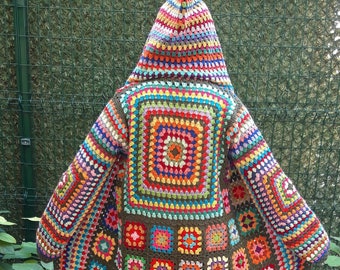 Cardigan verde bosco, cardigan afgano Grandma Square, cappotto lavorato all'uncinetto, cardigan patchwork in cotone, giacca con cappuccio, maglione lungo oversize
