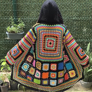 Black Hand Knitted Coat, Crochet Coat, Hooded Granny Square Cardigan, Afghan Jacket, Vintage Sweater, Colorful Cardigan, Loose Coat