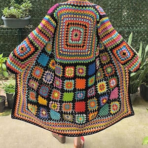 Black Crochet Coat, Handmade Coat, Granny Square Cardigan, Afghan Sweater, Knitted Jacket, Loose Coat, Vintage Sweater, Colorful Cardigan