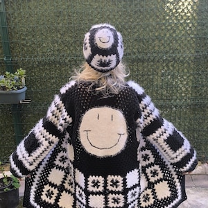 Black and White Handmade Knitted Hat, Crochet Hat, Men&#39;s Beanie, Granny Square Hat, Women&#39;s Beanie, Vintage Style Hat, Cotton Beret