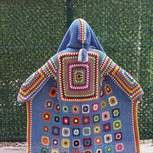 Blue Knit Cardigan, Cotton Patchwork Jacket, Knitted Crochet Coat, Granny Square Jacket, Boho Cardigan, Long Oversized Women Sweater