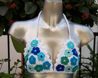 Blauw groene bikinitop, hippie bikinitop, katoenen bikini, gebreide bikini, gehaakte bikinitop, bloemen bikini, strandkleding, festival bikini
