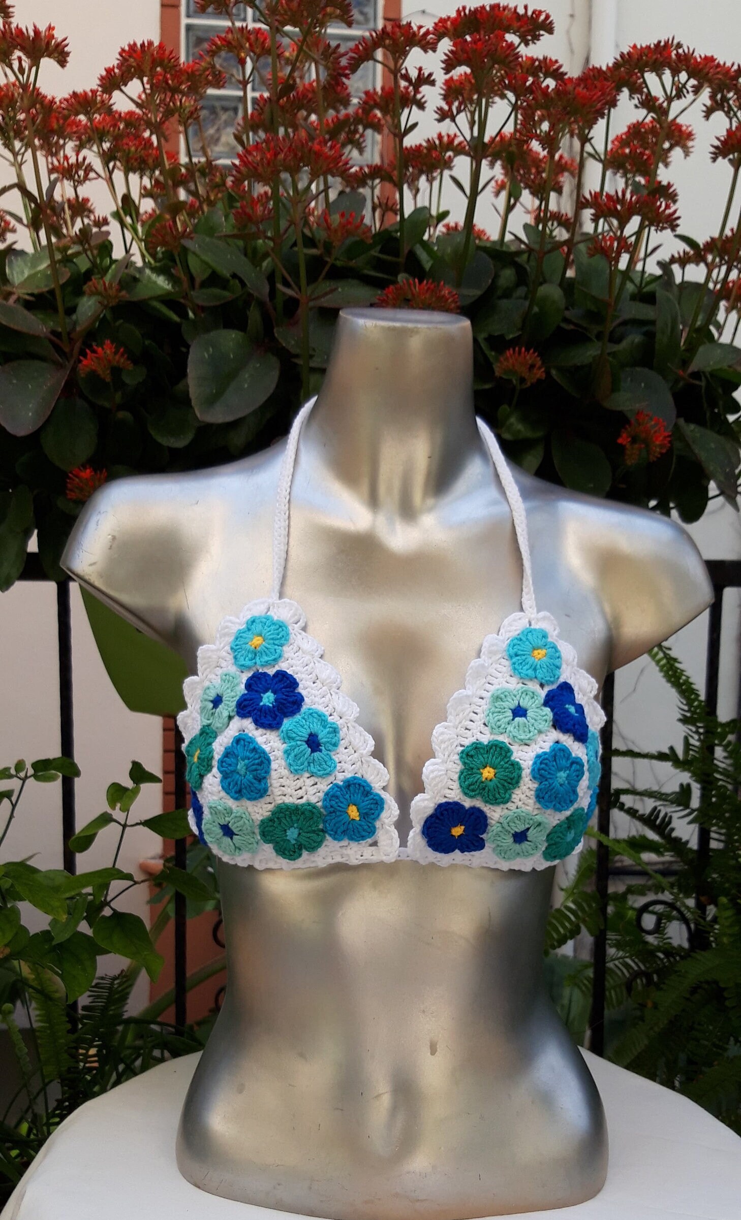 Top bikini verde blu, top bikini hippie, bikini di cotone, bikini lavorato a maglia, top bikini all'uncinetto, bikini floreale, abbigliamento da spiag