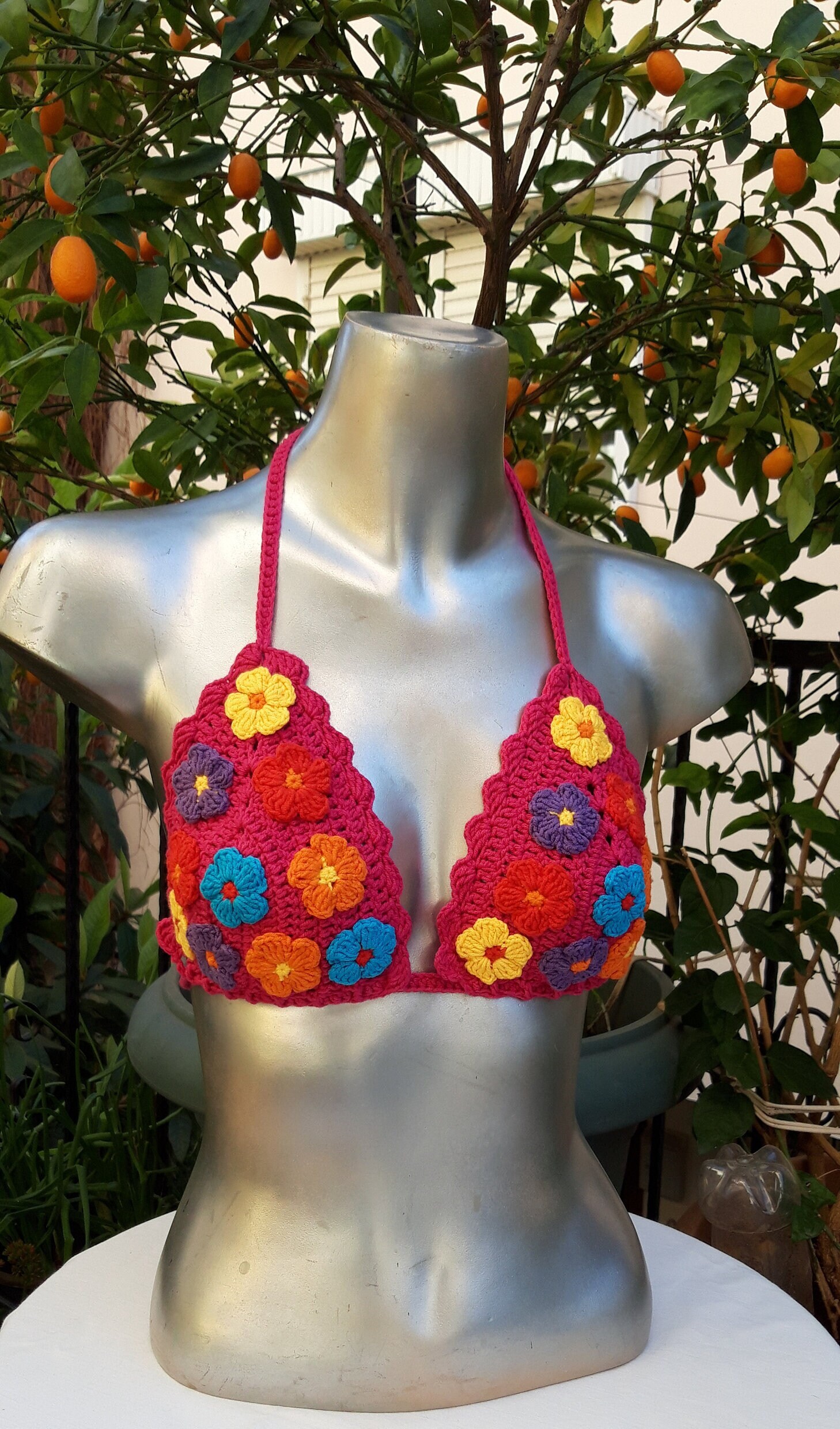 Top bikini rosa, bikini di cotone, bikini lavorato a maglia, top bikini da lavoro medico, abbigliamento da spiaggia, bikini festival, top bikini hippi