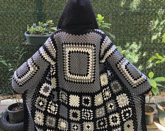 Granny Square Cardigan, Handmade, Hooded Cardigan, Vintage Style Cardigan, Afghan Cardigan, Crochet Cardigan, Hippie Jacket, Boho Sweater