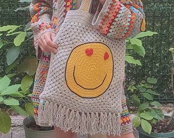 Gray Tote Bag, Afghan Bag, Crochet Bag, Granny Square Bag, Crochet Bag, Crochet Bag, Retro Bag, Hippie Bag, Boho Bag, Vintage Style