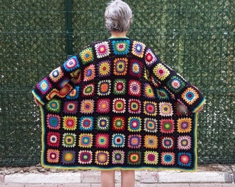 Cardigan afghano quadrato della nonna, maglione afgano all'uncinetto, cardigan patchwork ecru, cappotto boho, cardigan all'uncinetto, cardigan unico, cappotto all'uncinetto