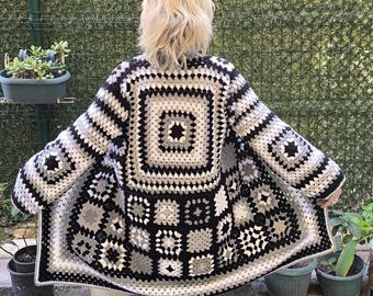 Crochet Cardigan, Handmade Cardigan, Cotton Jacket, Granny Square Coat, Unisex Sweater, Boho Hippie Jacket, Vintage Clothing, Afghan Sweater