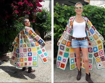 Beige Granny Square Patchwork Cardigan, Long Cotton Coat ,Boho Hippie clothing, rainbow jacket, hand knit afghan cardigan, gift for her