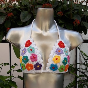 Rainbow Bikini Top,, Beach Wear, Cotton Bikini, Knitted Bikini, Floral Bikini, Bikini Top, Festival Bikini, Hippie Bikini Top, Crochet Top