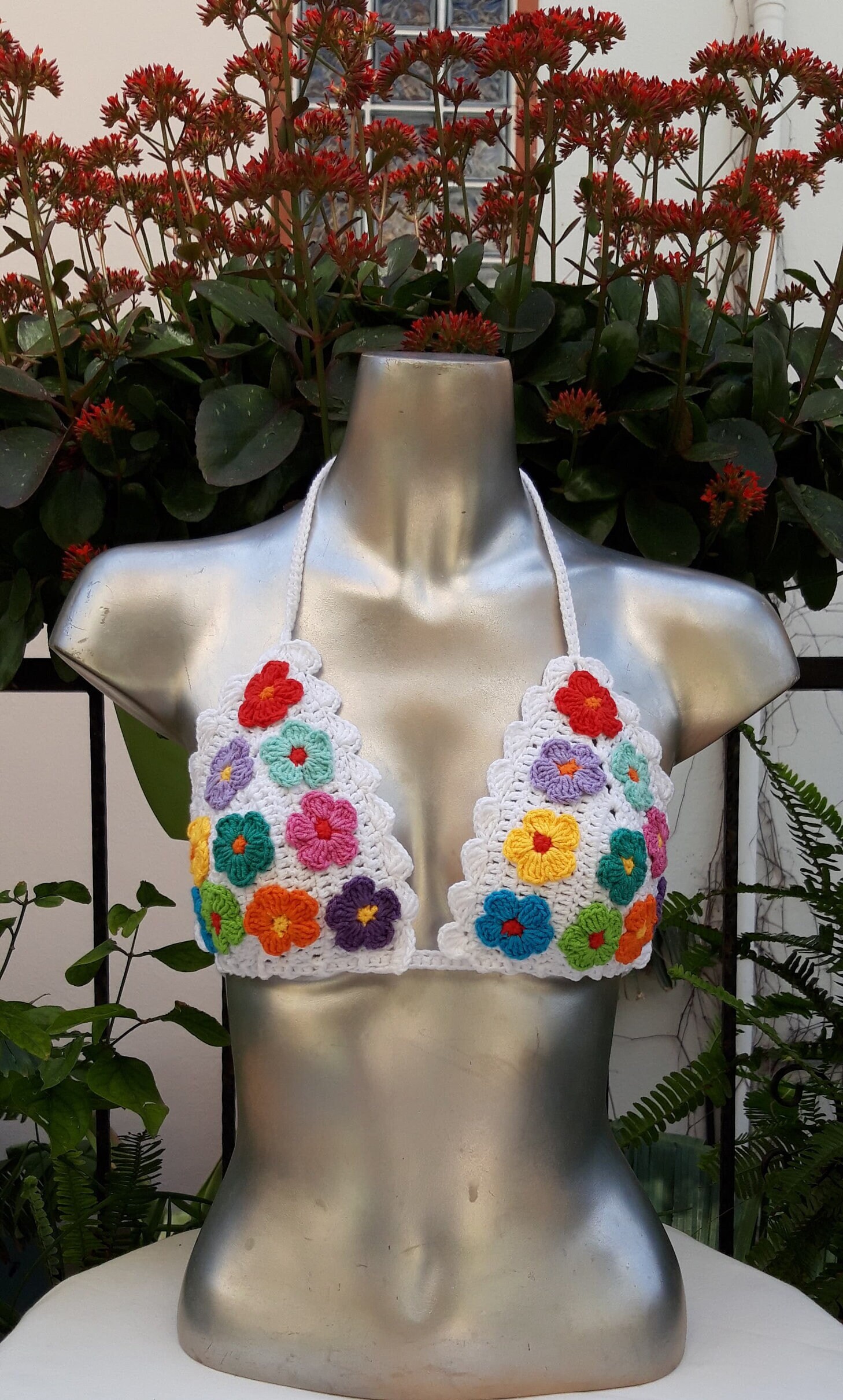 Top bikini arcobaleno, abbigliamento da spiaggia, bikini in cotone, bikini lavorato a maglia, bikini floreale, top bikini, bikini festival, top bikini
