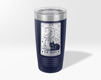 Engraved Moon Back Cat Tarot Card Custom Name Tumbler, Witchcraft Magic Boho illustration Wine Cup, Celestial Etched Water Bottle