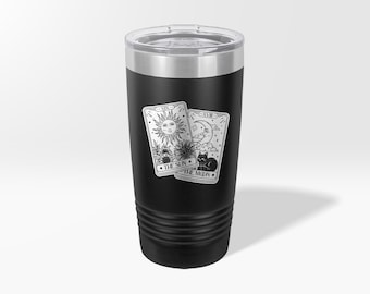 Engraved Tarot cards sun and moon Custom Tumbler, Magic Witchcraft illustration Witchcraft Mug With Handle, Boho Water Bottle With Straw