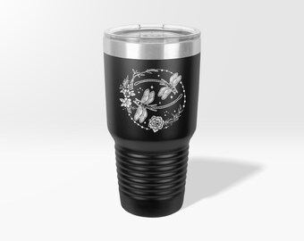Engraved Dragonflies Custom Tumbler, Moon Dragonfly Circle Ice Coffee Mug, Magic dragonfly illustration Etched Wine Cup, Tumbler With Handle