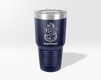 Engraved US Navy Chief Petty Officer Anchor Insignia Custom Name Tumbler, Navy E7 Rank Pin Coffee Mug, Law Enforcement Etched Water Bottle