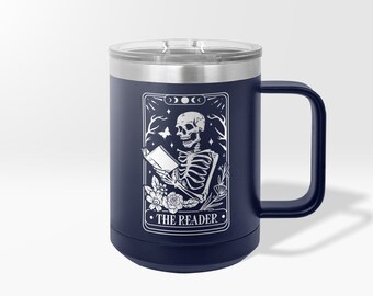 Engrave Reader Tarot Card Custom Tumbler, Skeleton reading Mug, Book Lover Water Bottle,  Funny Floral Book Skeleton Wine Cup