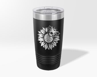 Engraved Bee and sunflower Custom Tumbler, Honey Bee Sunflower Water Bottle With Straw, Pretty Cute Bee Sunflower Ice Coffee Mug