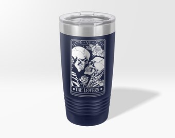 Engraved Skull Skeleton Romantic lovers Custom Name Tumbler ,The Lovers tarot card Coffee Mug, Valentine skeletons Floral Rose Water Bottle