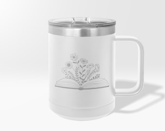 Engraved Floral Book Custom Tumbler, Book with Flowers Ice Coffee Mug, Flowers Growing Out of a Book Personal Bottle, Pretty Book Wine Cup