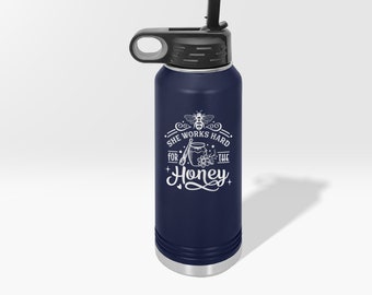 Engraved She Works Hard For The Honey Custom Name Tumbler,  Honey Bee Floral Design Ice Coffee Mug, Queen Bee honeycomb bee Water Bottle