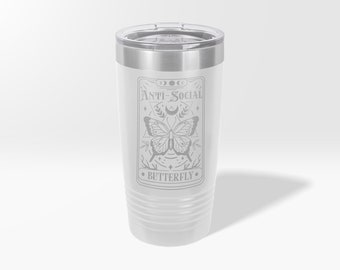 Engraved Anti social Butterfly Tarot Card Custom Tumbler, Antisocial Introvert Sarcastic Wine Cup, Retro Butterfly Engraved Water Bottle