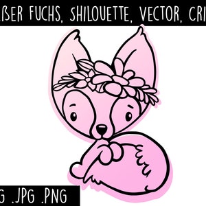 May include: A black and white line drawing of a fox wearing a flower crown. The fox is sitting on its haunches with its tail curled around its body. The background is a light pink gradient.