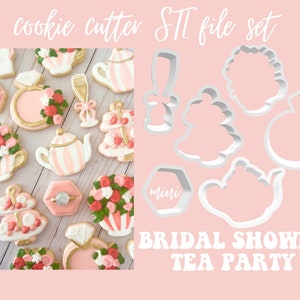 May include: A set of 8 cookie cutters for a bridal shower tea party. The cutters are white and include a teapot, a ring, a teacup, a cake stand, a champagne flute, a flower bouquet, a dress, and a mini hexagon cutter.