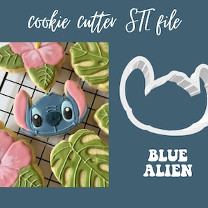 Pode incluir: Arquivo STL de cortador de biscoitos para um personagem alienígena azul com uma cabeça grande e duas orelhas. O cortador tem a forma da cabeça do personagem e tem uma forma arredondada. O texto "BLUE ALIEN" está impresso abaixo do cortador.