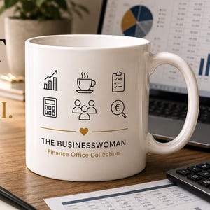 May include: A white ceramic mug featuring black icons of a bar chart, coffee cup, checklist, calculator, group of people, and a euro symbol. Below the icons, the text reads THE BUSINESSWOMAN Finance Office Collection in black and gold.