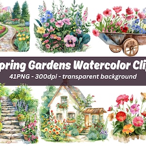Spring Gardens Watercolor Clipart, Spring Tree Clip art, Secret Garden Flowers Png, spring Garden Illustrations, Garden Clipart, Commercial