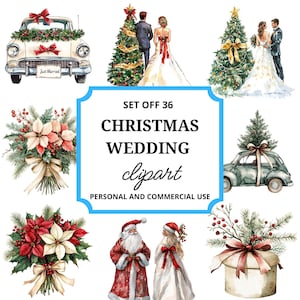 36 Watercolor Christmas Wedding Clipart, Boho Wedding Clipart, Weddingdress png, Junk Journal, Christmas Wedding couple, santa claus clipart