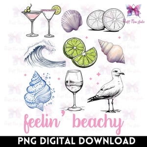 Summer Beach Doodle PNG, Coquette Feeling Beachy Png, Coastal Seashell Starfish PNG, Hello Summer png, vintage summer png, Girly Summer Png