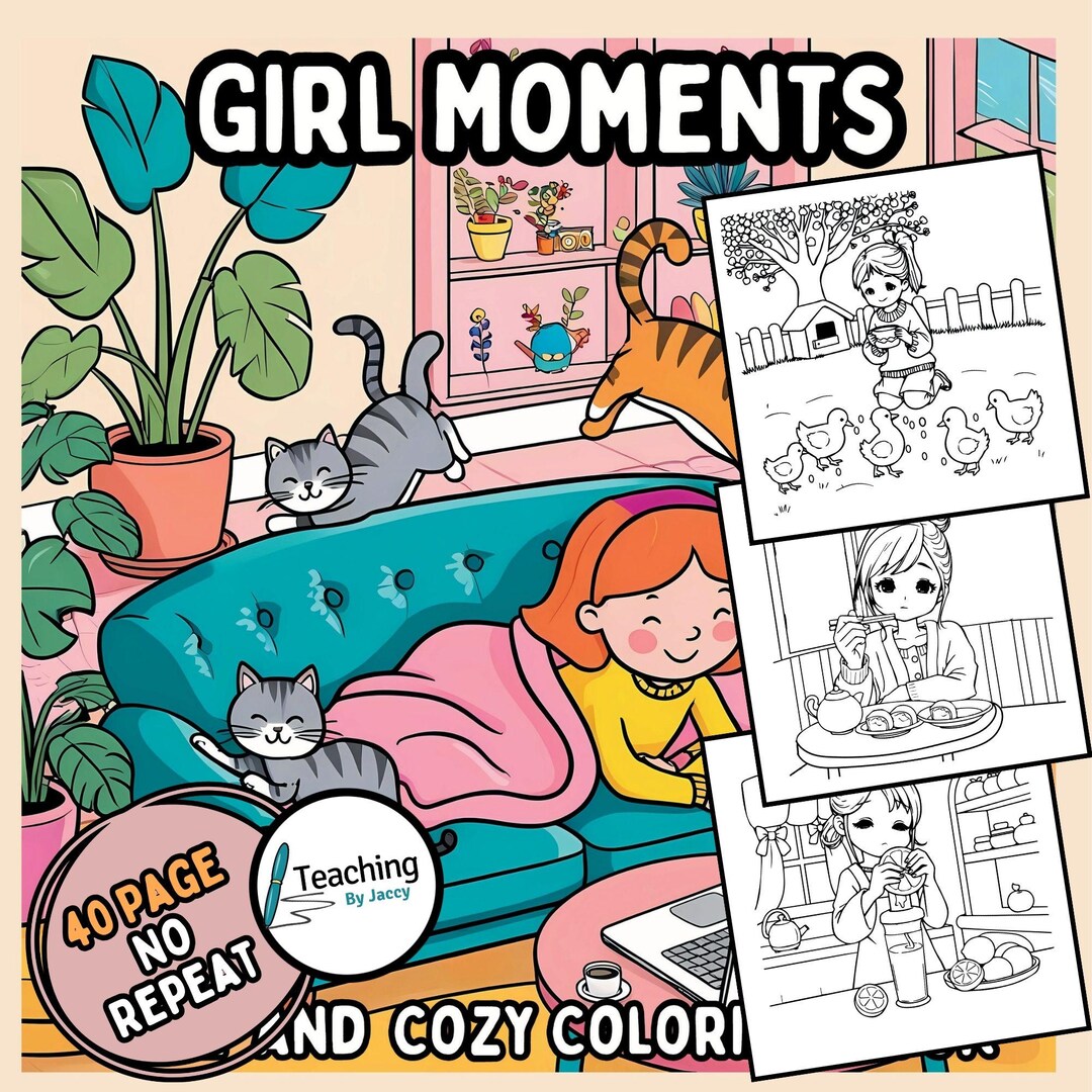 Girl Moments Coloring Book, Cute Cozy Daily Activities for Relaxation ...
