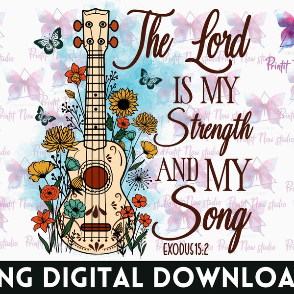 Der Herr ist meine Stärke und mein Lied, Bibel-Vers PNG - Zigeuner Gitarre PNG, Gitarren-Sublimationsdesign, Retro christliche Sublimationsentwürfe