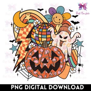 Pacote PNG engraçado de Halloween: Abóbora floral retrô e fantasma assustador (download digital)