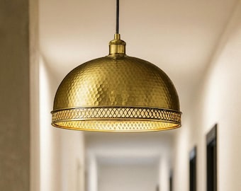 Hand-Hammered Copper Dome Pendant Light: Rustic Moroccan Ceiling Lamp