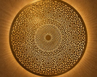 Moroccan Brass Wall Lamp | Handmade Round Wall Sconce | Islamic Pattern Lighting