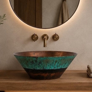 Handmade Copper Vessel Sink | Oxidized Green Patina Bathroom Basin