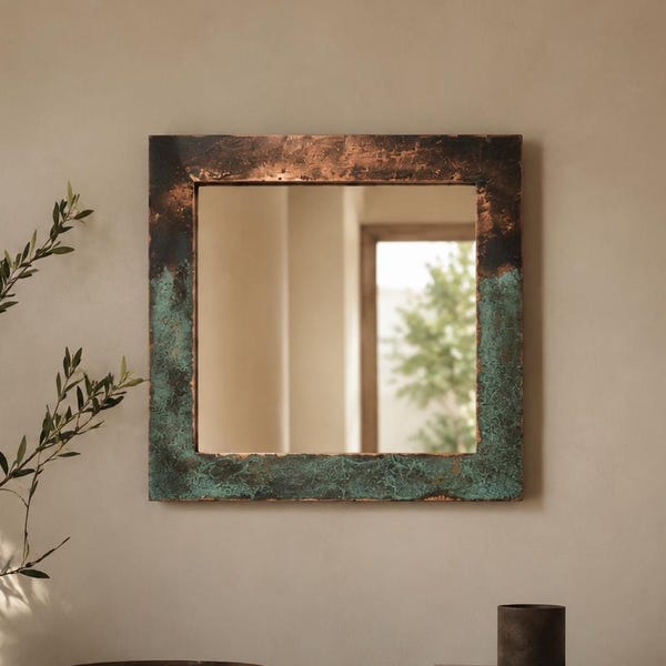 Miroir fait main en cuivre patiné, décoration murale carrée rustique vert de gris